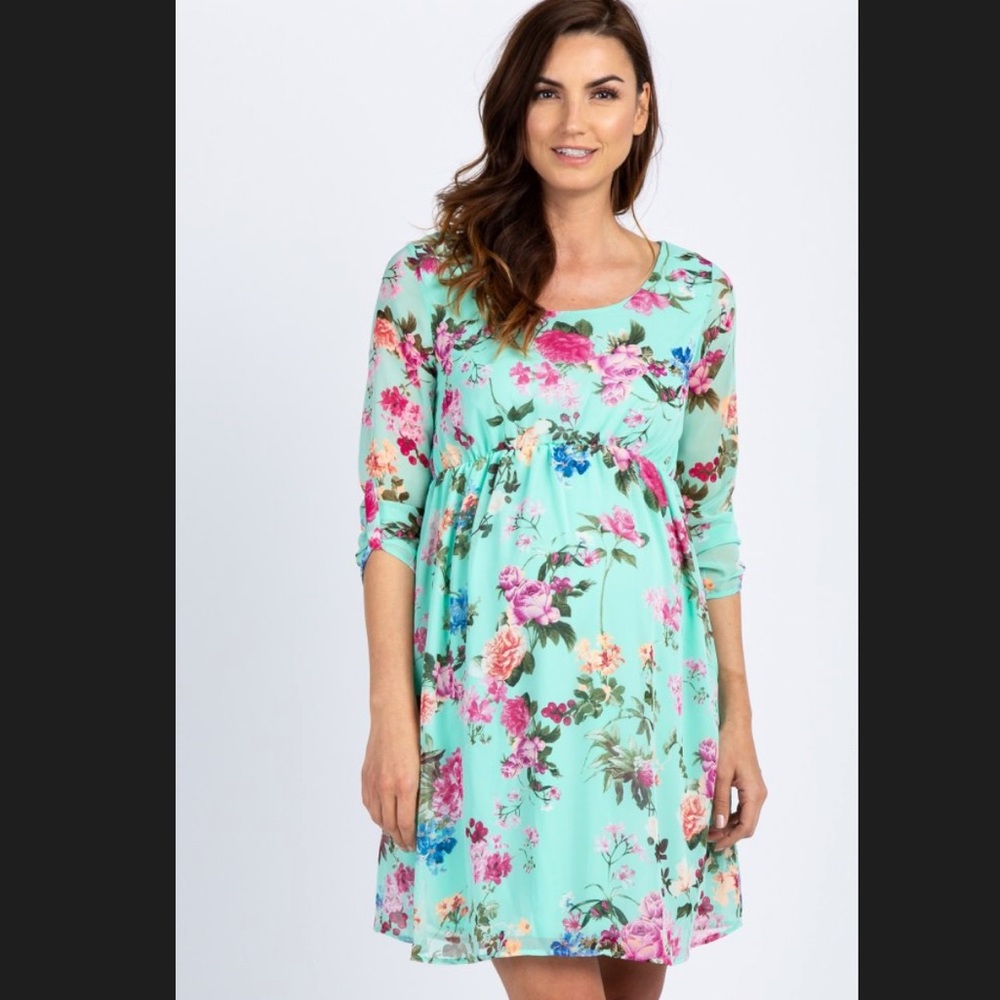 PinkBlush Mint Floral Chiffon Maternity Dress
